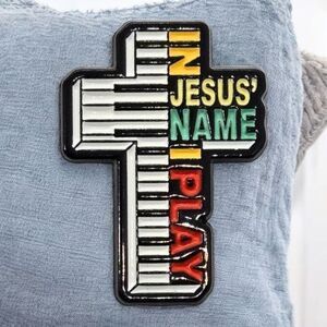 Christian Enamel Pin – Piano Cross In Jesus Name I Play – Faith Religious Music